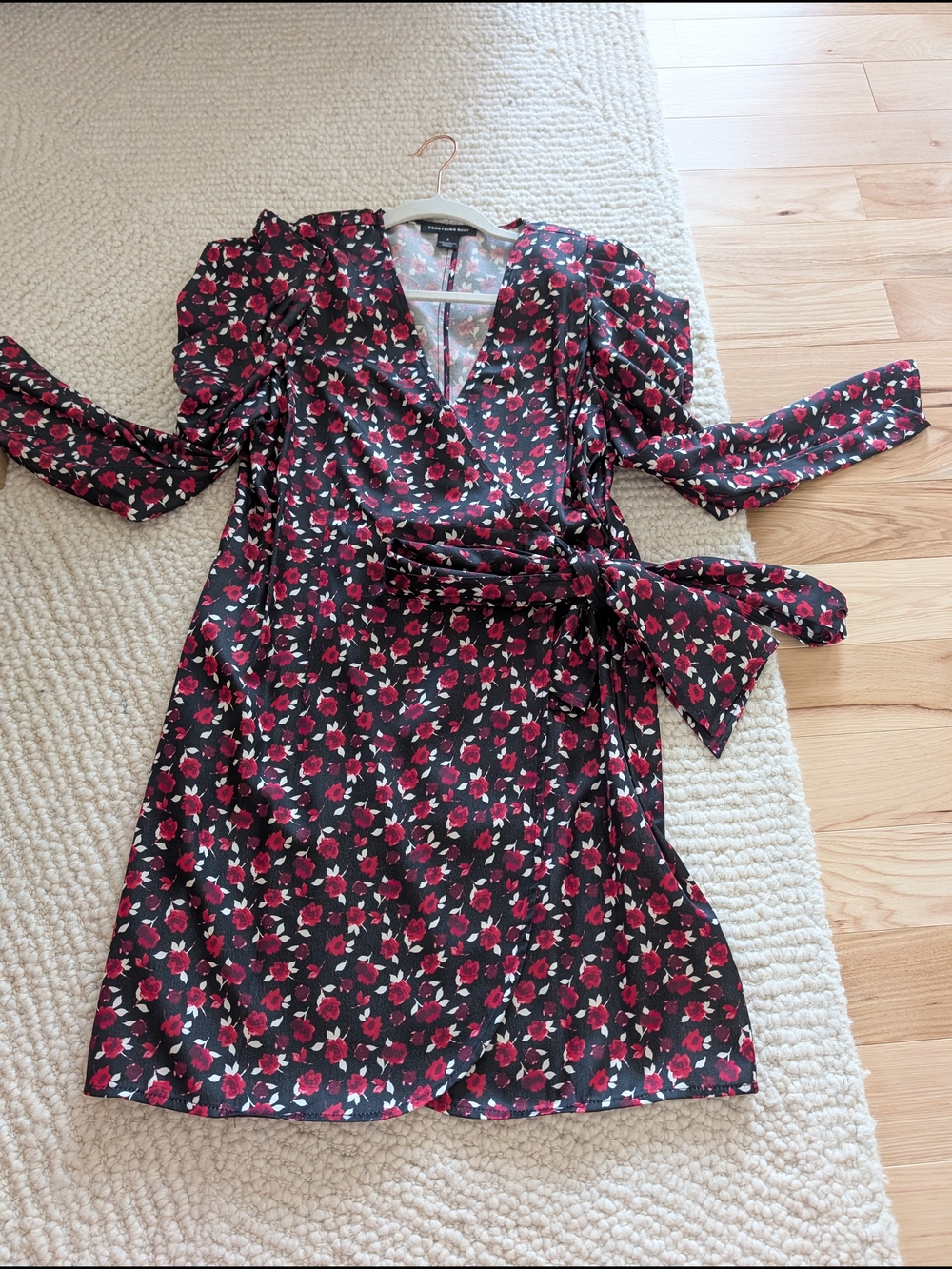 Something Navy Black Wrap Dress with Red Floral Print